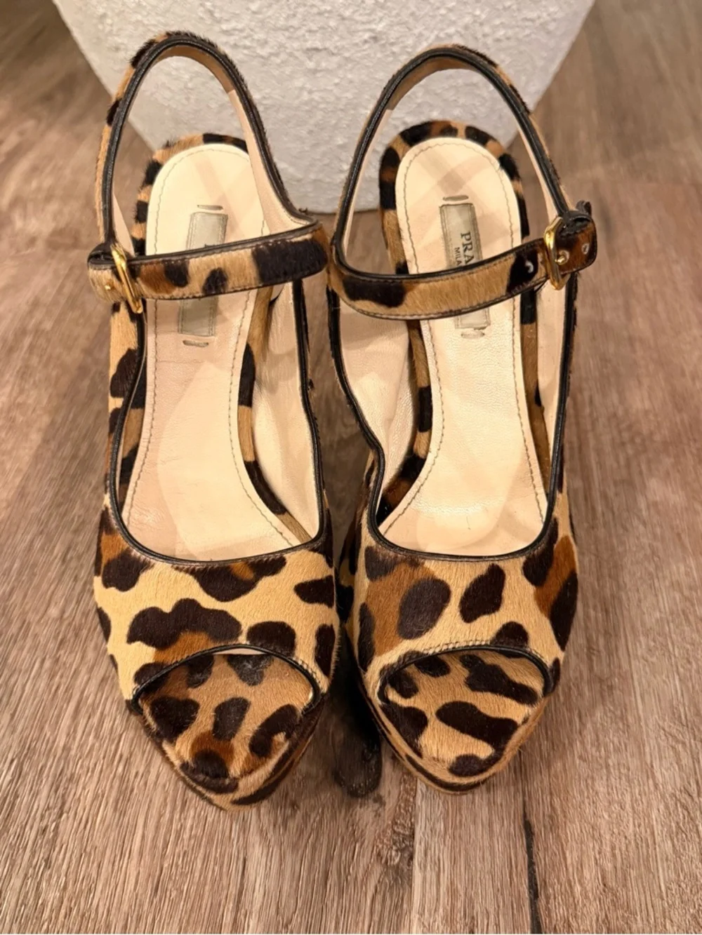PRADA Leopard Print Pony Hair Slingback Platform Heels Luxury Designer Sz 35/5